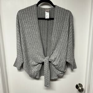 Chicos Womens Tie Front Gray Cocoon Cardigan Sweater XS OO Ribbed Mono Striped